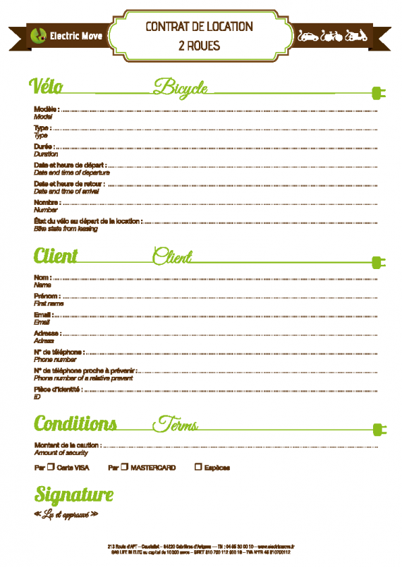 papier administratif pour la location des vélos