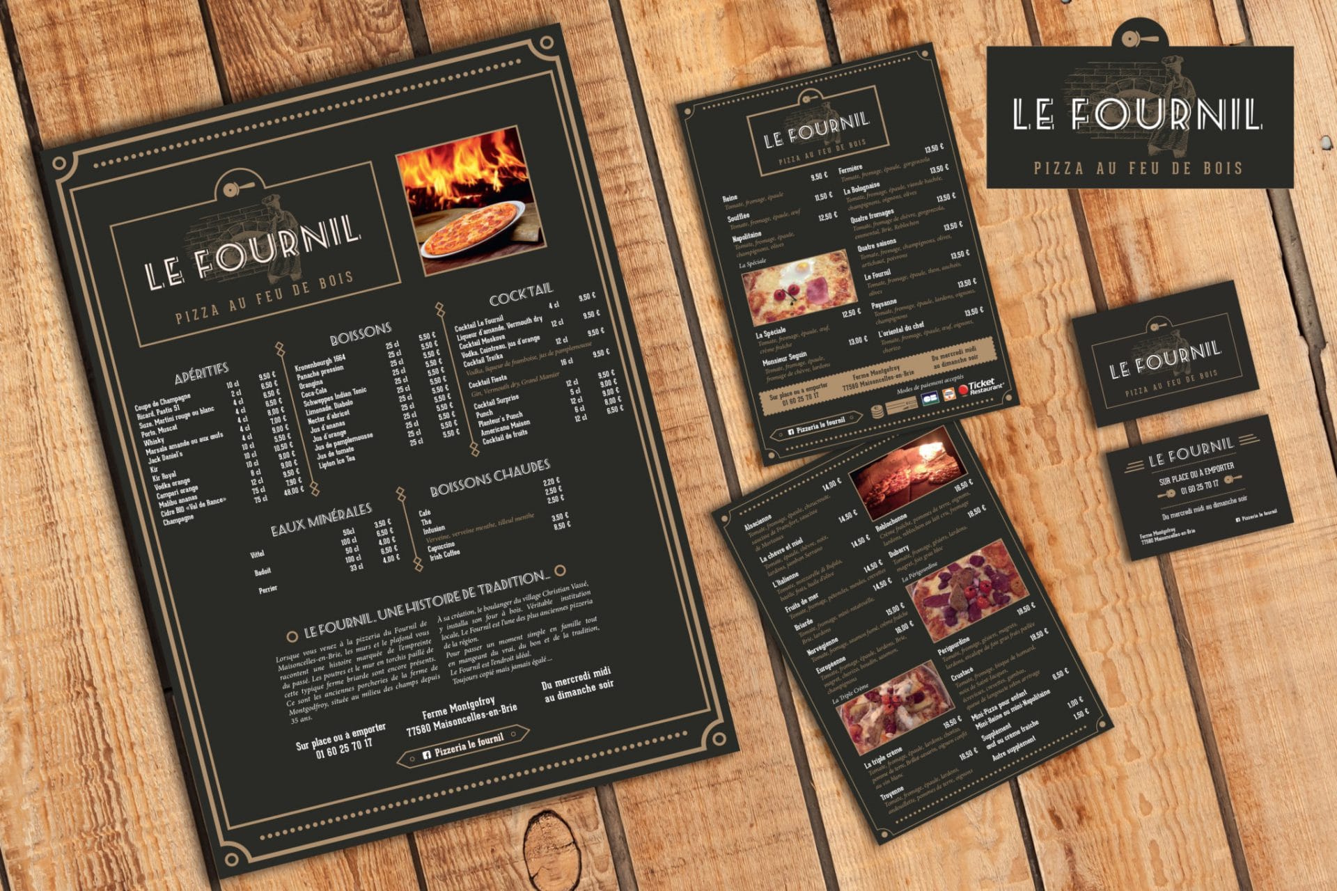 Menus, flyers, carte de visite du restaurant pizzeria le fournil